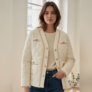 SAVIDA Elegant Cream Quilted Cardigan Jacket With Gold Chain Trim Size M